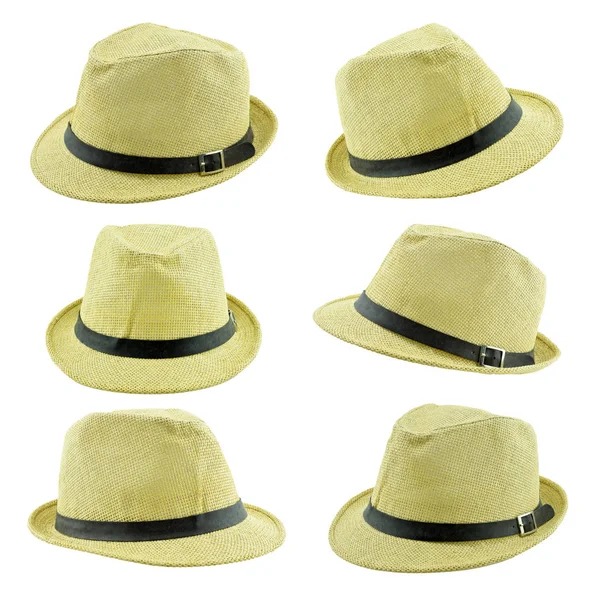 Beyaz Arka Plan Üzerinde Izole Oldukça Hasır Şapka Kümesi — Stok fotoğraf