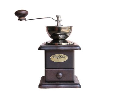 Klasik Kahve değirmeni ahşap izole üzerinde beyaz arka planda