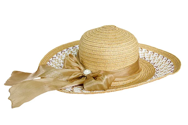 Bonito Sombrero Paja Con Cinta Sobre Fondo Blanco —  Fotos de Stock