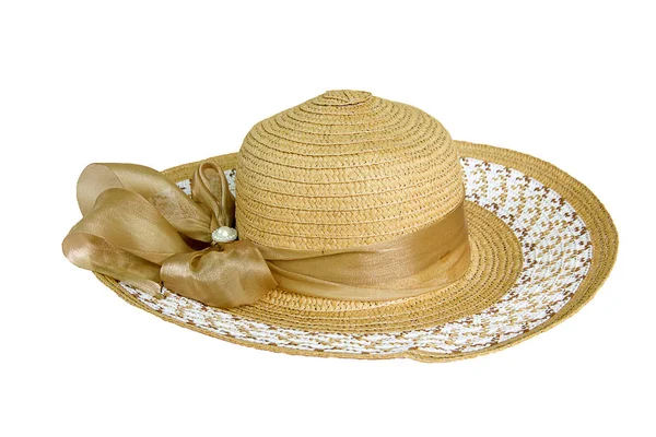 Bonito Sombrero Paja Con Cinta Sobre Fondo Blanco — Foto de Stock