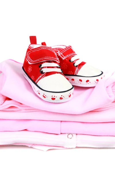 Baby Clothes Red Shoes White Background Stock Image