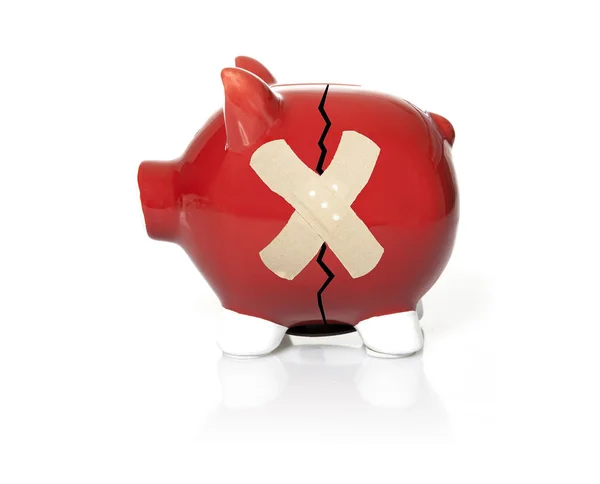 Bandage Cracked Red Piggy Bank Representing Troubled Finances — Stock Photo, Image