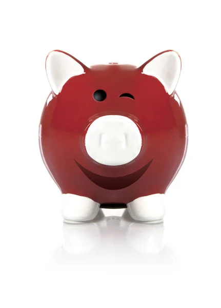 Red Piggy Bancă Winking Fundal Alb — Fotografie, imagine de stoc