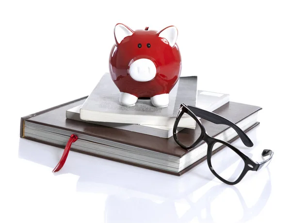 Red Piggy Bank Glasses Standing Book — Stock Photo, Image