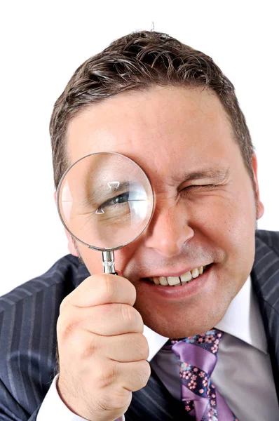 Businessman Suit Looking Magnifying Glass Isolated White — Stock Photo, Image