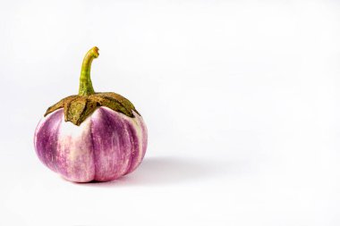 Beyaz arkaplanda izole edilmiş patlıcan, beyaz mor, yuvarlak, kopyalama alanı
