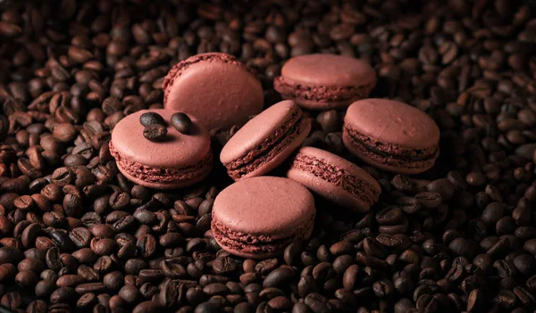 Chocolate French Cakes Macarons Coffee Beans Wallpaper Horizontal — Stock Photo, Image