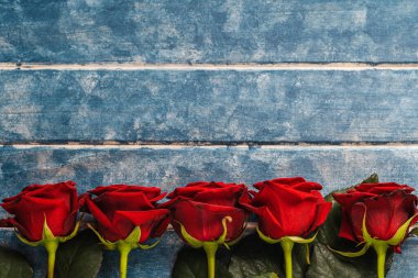 Mavi ahşap arka planda beş kırmızı gül..