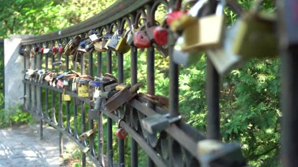 Camera Refocusing Locks Hanging Metal Fence Park — Stock Video