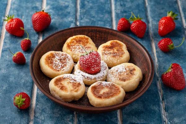 Cartel Alimentos Panqueques Queso Cottage Panqueques Tartas Queso Con Fresas — Foto de Stock