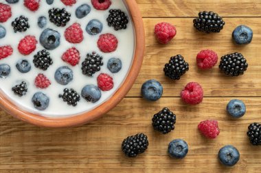 Yaban mersinli yoğurt, ahududu, böğürtlen, kil kasede keten tohumu. Vejetaryen yemeği. Sağlıklı kahvaltı, sağlıklı yemek. Restoranların, kafelerin menüsü için arka plan.