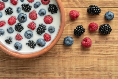 Yaban mersinli yoğurt, ahududu, böğürtlen, kil kasede keten tohumu. Vejetaryen yemeği. Sağlıklı kahvaltı, sağlıklı yemek. Restoranların, kafelerin menüsü için arka plan.