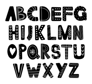 İskandinav tarzında el çizimi alfabe. Kartlar, posterler, oda dekorasyonu, sloganlar, kıyafet tasarımı, iç mekan için çocuk resimleri. Hygge karalama harfleri..