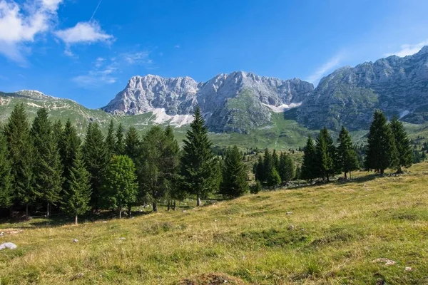 Bergspanorama över Montasio-platån, Italien. Royaltyfria Stockbilder