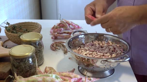 Mãos Humanas Bombardeio Fresco Cru Feijão Vermelho Vagens Mesa Cozinha — Vídeo de Stock