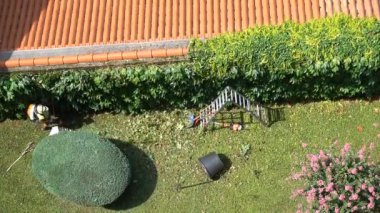 Bahçe işleri, tanınmayan bahçıvan yaprakları ndan temizler ve bir üfleyici kullanarak çalılıklar. Havadan görünüm. Ses ile