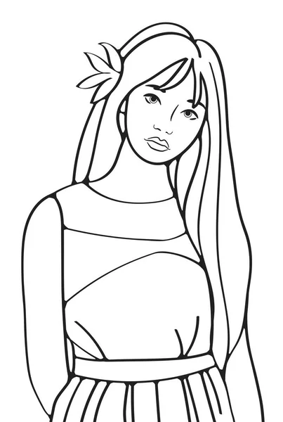 Letni Doodle Ilustracja Dziewczyną Sukience Kwiat Długich Włosach Romantyczny Styl — Zdjęcie stockowe