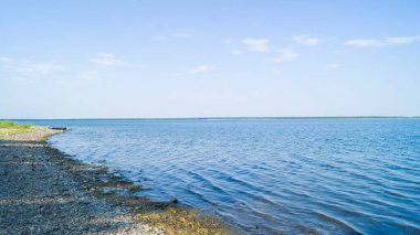 Sıcak bir yaz akşamında çamurlu taş kıyısı. Uzaktan şişme bir tekne görülebilir. Rusya 'da tuz gölü açıyor. Suda küçük dalgalar.