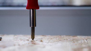 Arka planda küçük bir tornavidanın başlığı. Bir çift küçük tornavida. Cihazları tamir etmek için bir takım aletler. Tornavida doğrudan yüzeyin üstünde duruyor..