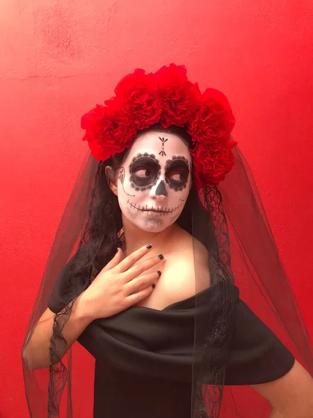 Meisje Vermomd Als Dood Catrina Zinspelend Dag Van Dood Mexicaanse — Stockfoto