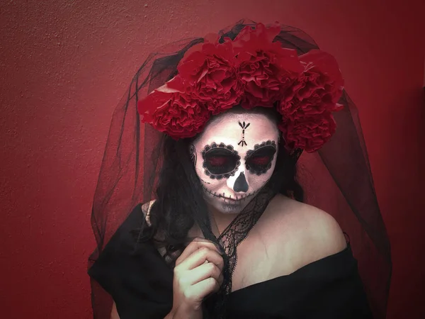 Meisje Vermomd Als Dood Catrina Zinspelend Dag Van Dood Mexicaanse — Stockfoto