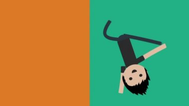 Animasyon genç çocuk karakteri dans ediyor ve mikrofonla şarkı söylüyor, turuncu ve mavi arka planlı