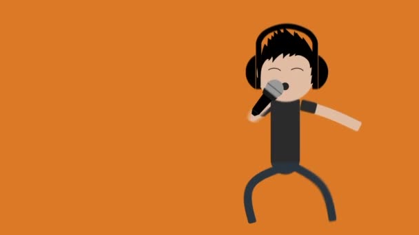 マイクとオレンジと青の背景を持つ少年キャラクターのダンスと歌のアニメーション — ストック動画