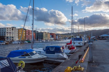 Norveç köyünün manzaralı şirin evleri ve tekneleri