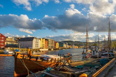 Norveç köyünün manzaralı şirin evleri ve tekneleri