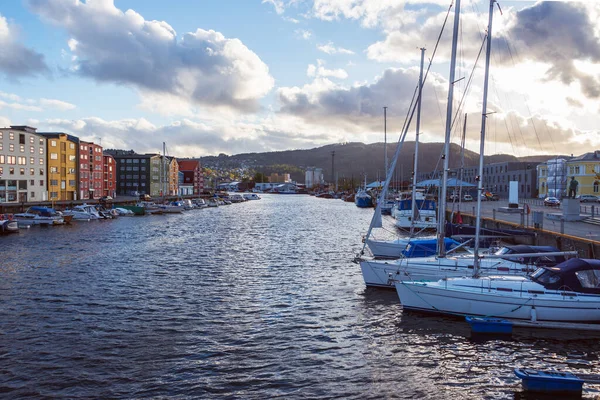 Norveç köyünün manzaralı şirin evleri ve tekneleri