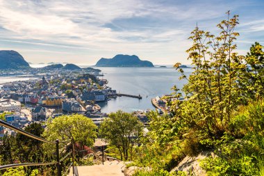 Deniz limanı ve evleri olan lesund kasabasının manzarası 