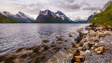 Kayalık sahil, dağlarda göl, doğada güzellik.