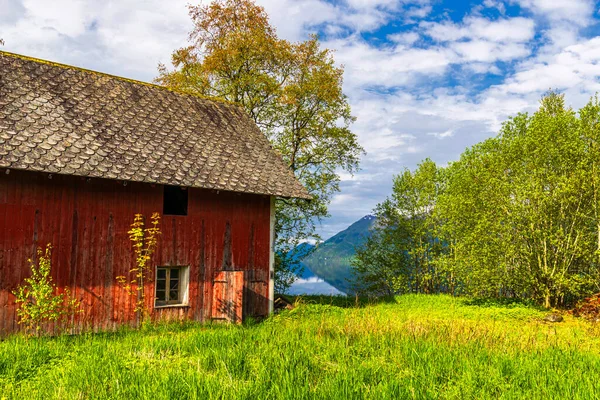 山の中の赤い木造住宅緑の草の牧草地 — ストック写真