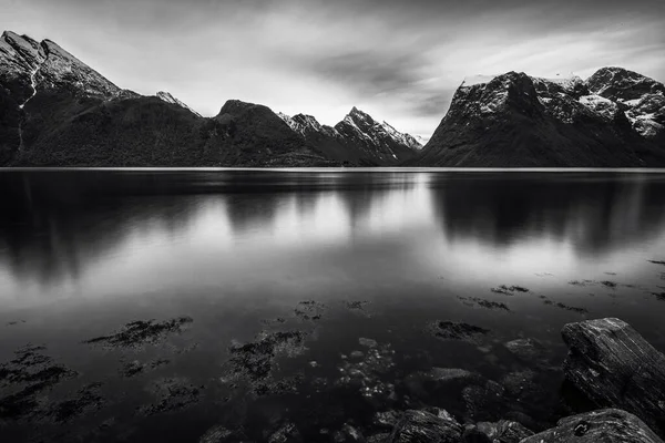 lake water in mountains, black and white photo