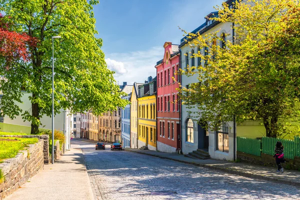 Alesund, Norveç 'teki küçük şehir evlerinin sokak gezisi fotoğrafları, renkli evler. 