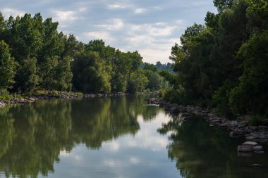 Sakin bir nehir ve yemyeşil bitki örtüsüyle güzel doğal bir manzara.