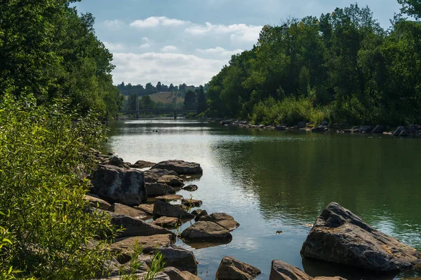 Prachtige Natuurlijke Omgeving Met Rustige Rivier Weelderige Vegetatie Ochtend — Stockfoto