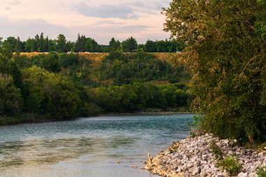 Sakin bir nehir ve yemyeşil bitki örtüsüyle güzel doğal bir manzara.