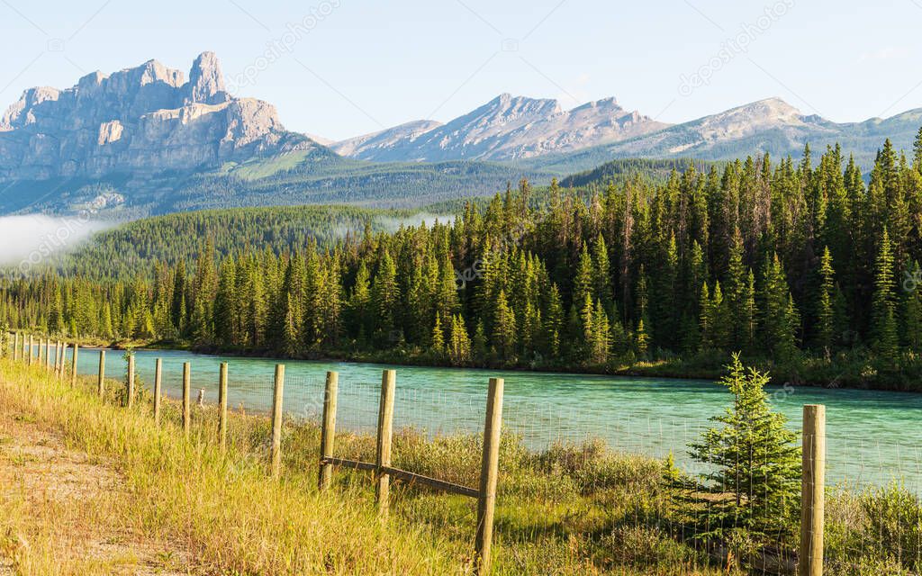 beautiful landscape with mountain river in jasper national park, alberta, canada 