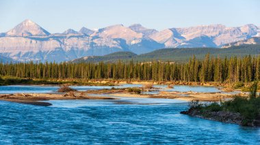Talbot Gölü ve manzaralı dağlarla doğal manzara, Alberta, Kanada