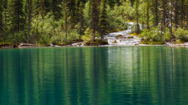 Banff Ulusal Parkı, Alberta, Kanada 'daki zümrüt gölü ve manzaralı dağlarla güzel bir manzara.
