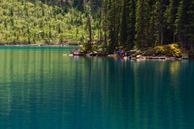 Banff Ulusal Parkı, Alberta, Kanada 'daki zümrüt gölü ve manzaralı dağlarla güzel bir manzara.