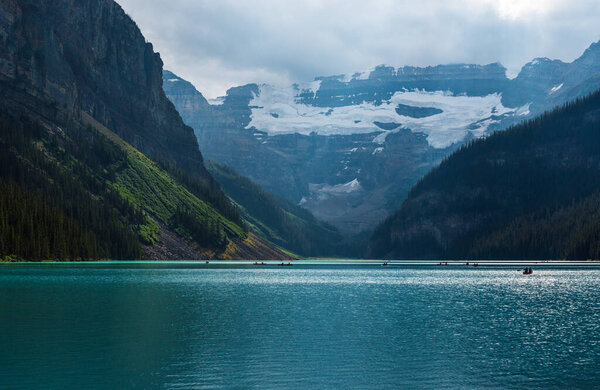 Beautiful natural view with emerald lake and scenic mountains in Banff national park, Alberta, Canada