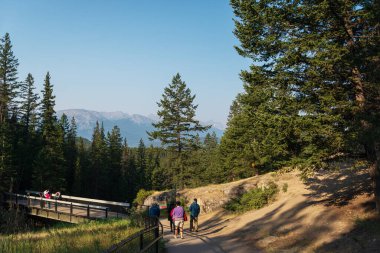 Jasper Ulusal Parkı 'nda, Kanada' da yürüyen insanların arka plan görüntüsü.