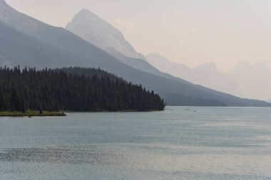 Jasper Ulusal Parkı, Alberta, Kanada 'da sakin gölü ve manzaralı dağları olan güzel bir manzara.