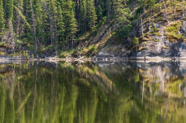 Güzel manzara Jasper Ulusal Parkı, Alberta, Kanada 'daki sakin göle yansıyor.