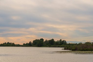 Gün batımında Mincio nehrinin güzel doğal manzarası, Lombardy, İtalya