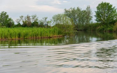 Gün batımında Mincio Nehri manzarası Lombardy, İtalya