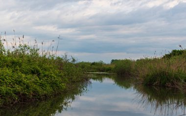 Gün batımında Mincio Nehri manzarası Lombardy, İtalya
