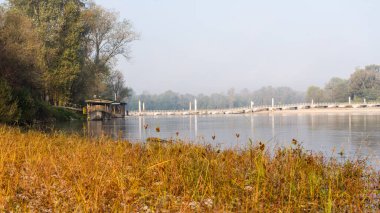 Sonbaharda nehir ve bitki örtüsünün üzerindeki köprü 